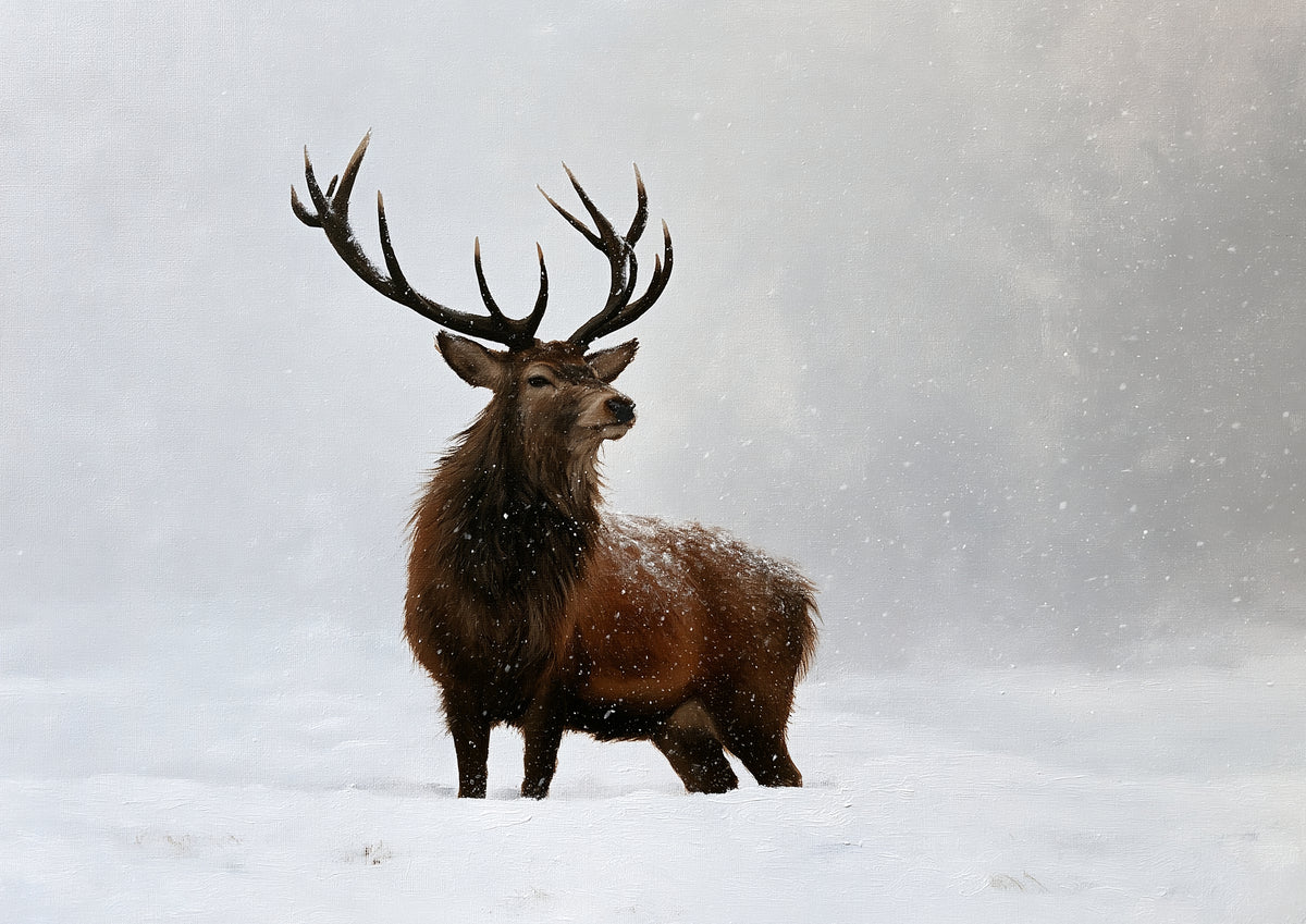A red deer stag standing side-on in heavy falling snow