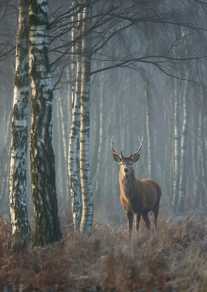 Red deer stag standing among tall bare birch trunks in autumn mist, copper bracken underfoot and pale grey haze in the depth of the wood