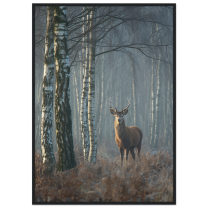 Red deer stag in a misty birch wood, print in a black frame