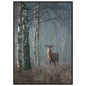 Red deer stag in a misty birch wood, print in a black frame