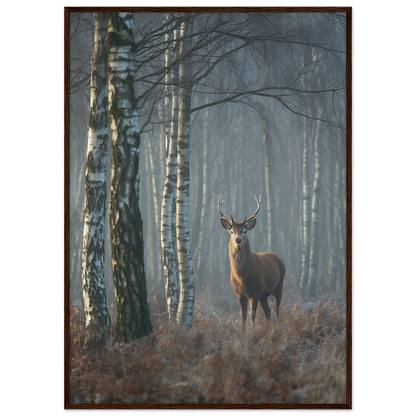 Red deer stag in a misty birch wood, print in a dark brown wood frame