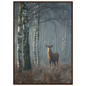 Red deer stag in a misty birch wood, print in a dark brown wood frame