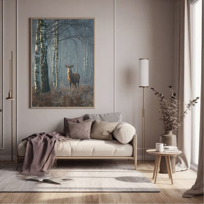 Red deer stag in a misty birch wood, framed in light wood above a cream day bed in a bright panelled living room