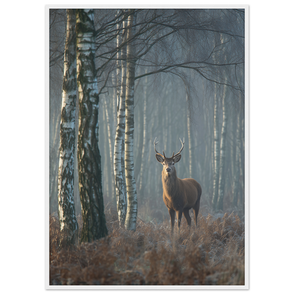 Red deer stag in a misty birch wood, print in a white frame