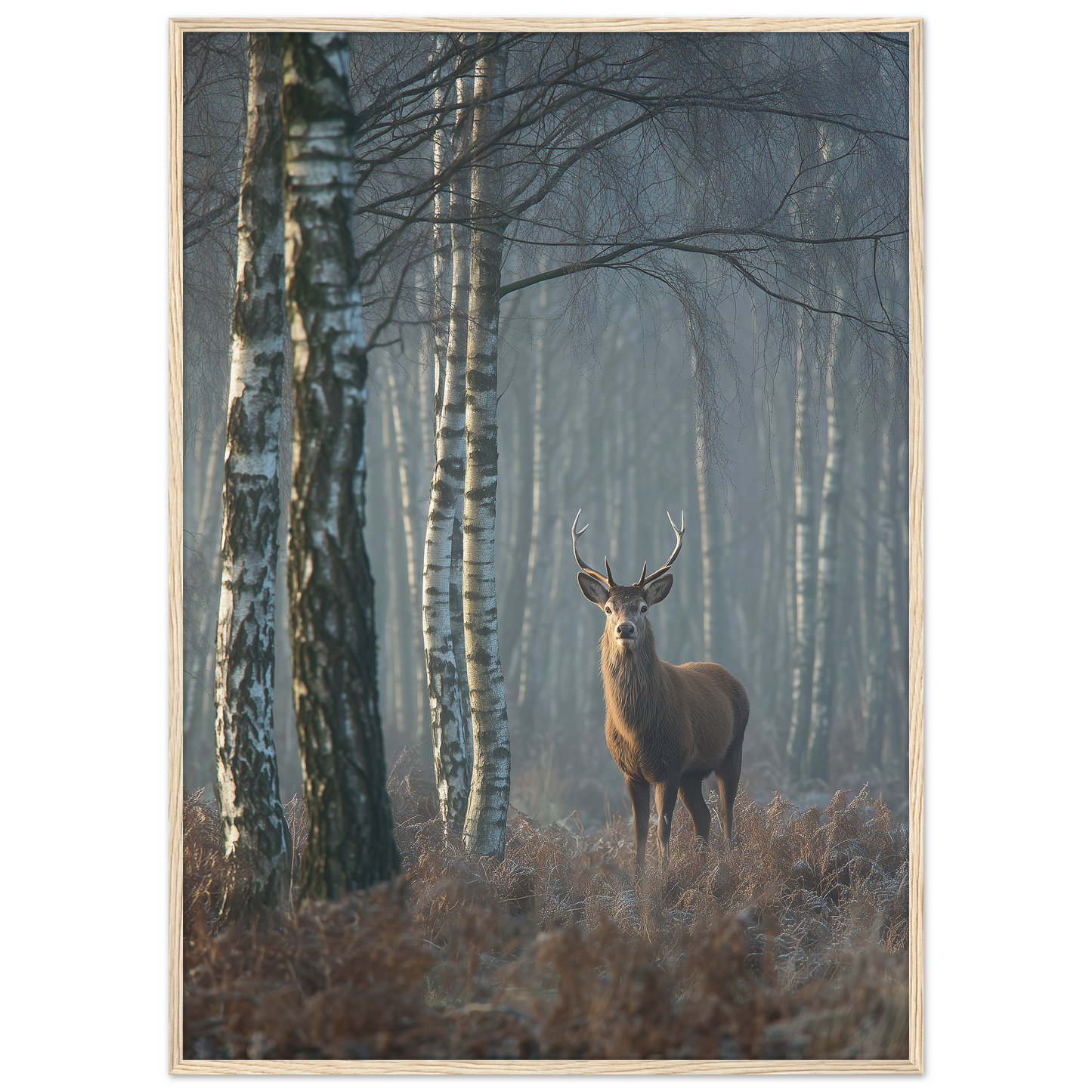 Red deer stag in a misty birch wood, print in a natural light wood frame