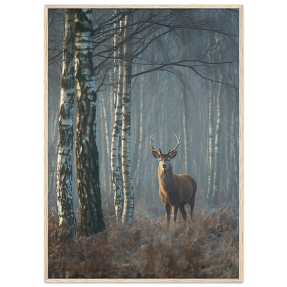 Red deer stag in a misty birch wood, print in a natural light wood frame