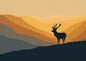 Stag in flat silhouette on a hill ridge at dawn, antlers clean against a banded amber sky with Highland ridges layered behind in ochre and grey