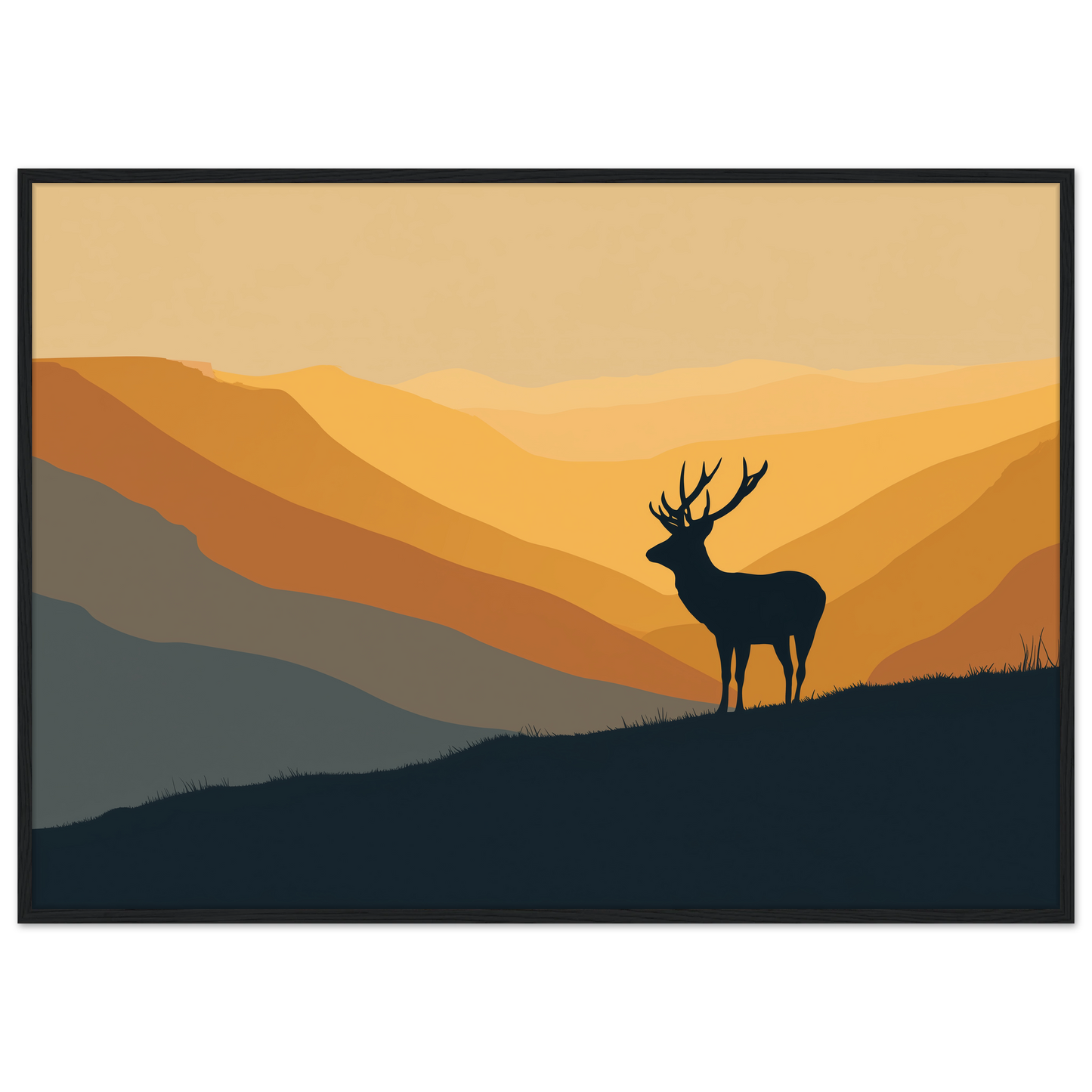 Stag silhouette on a ridge at amber dawn, print in a black frame