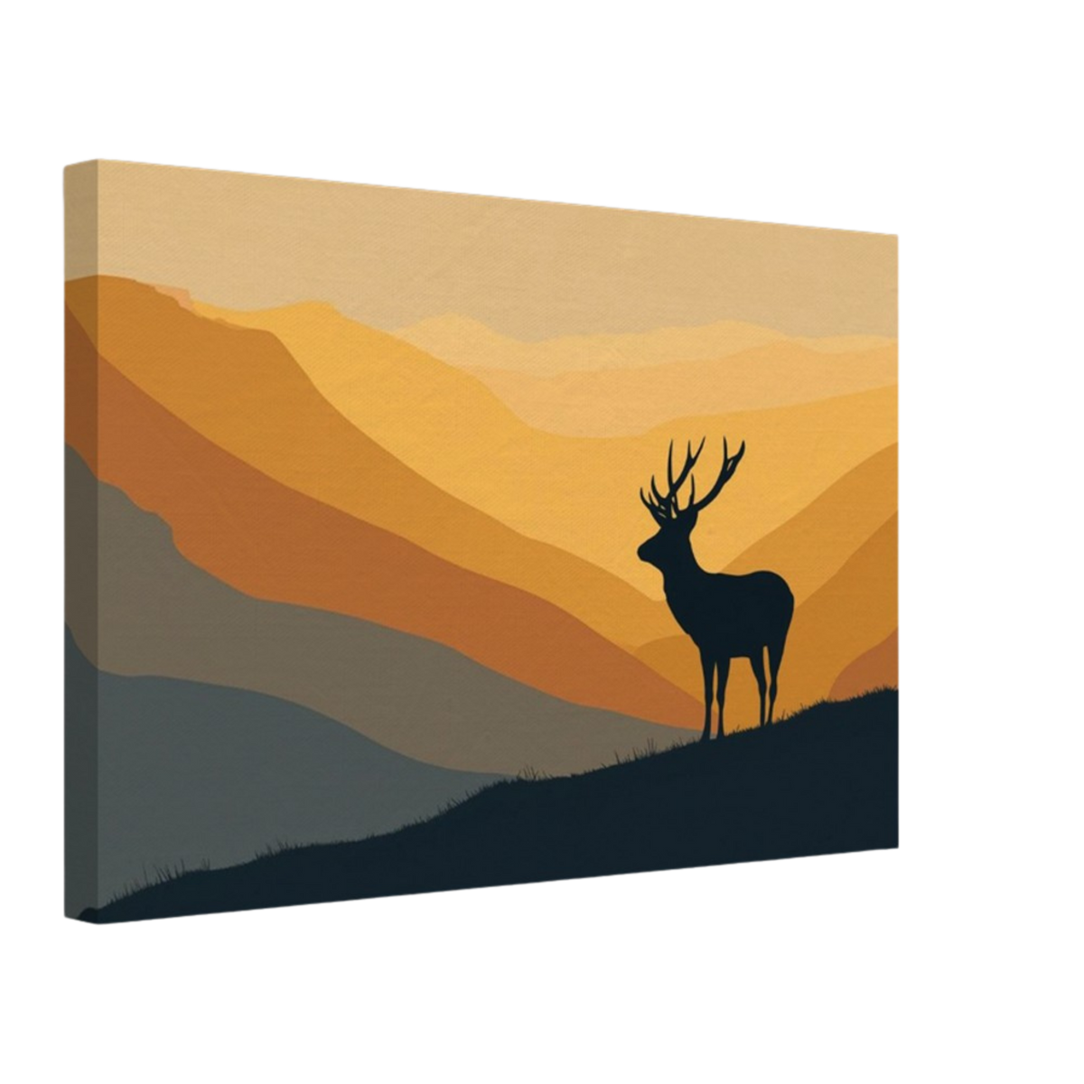 Stag on the ridge at dawn, canvas seen from an angle with the image continuing around the wrapped edge
