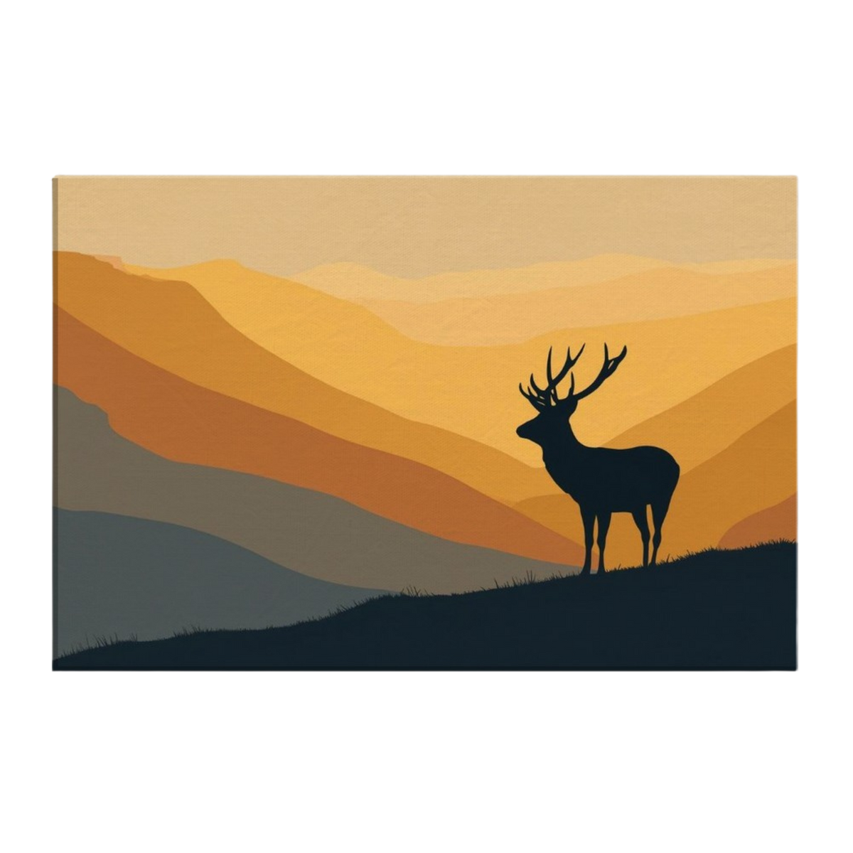 A red deer stag in silhouette on a hill ridge at dawn, the hills behind in flat bands of amber, ochre and slate, printed on stretched canvas