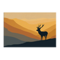 A red deer stag in silhouette on a hill ridge at dawn, the hills behind in flat bands of amber, ochre and slate, printed on stretched canvas