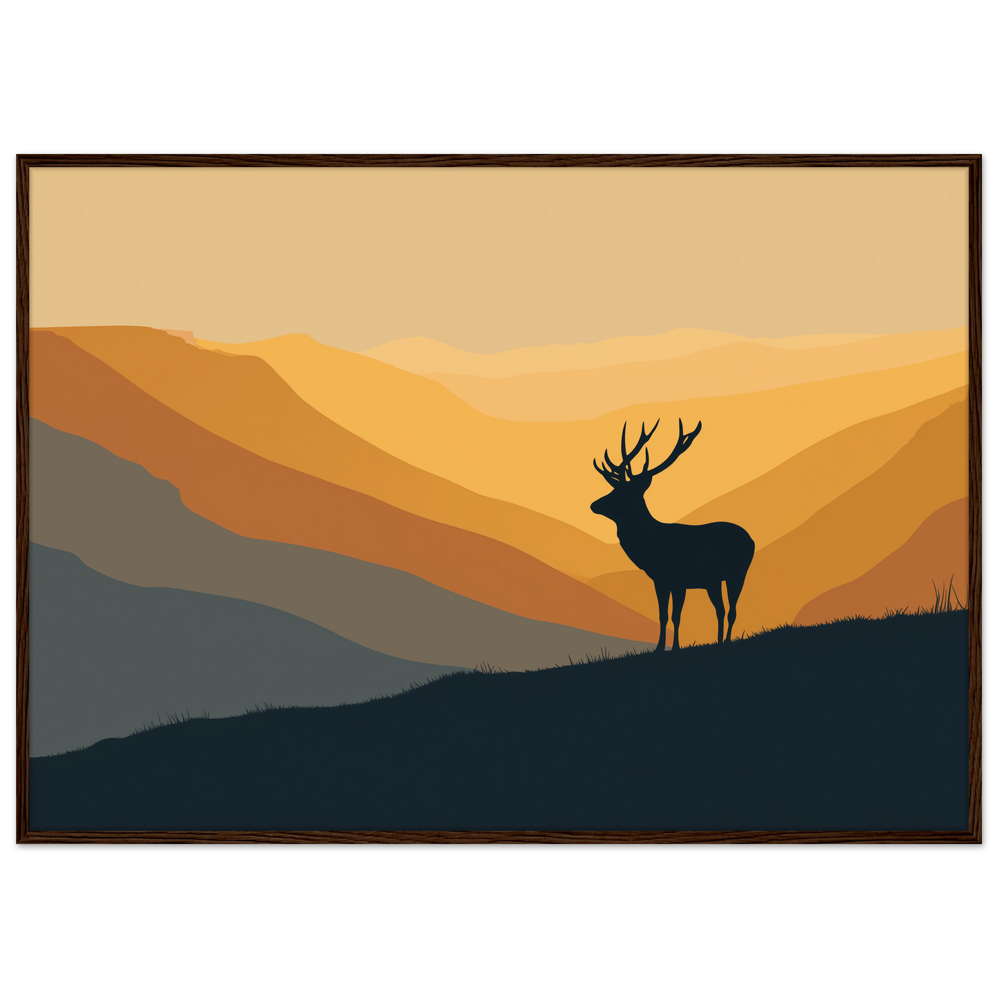 Stag silhouette on a ridge at amber dawn, print in a dark brown wood frame