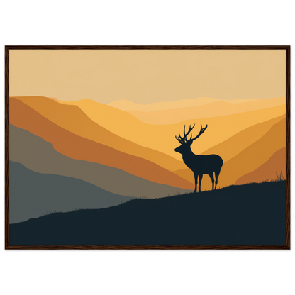 Stag silhouette on a ridge at amber dawn, print in a dark brown wood frame