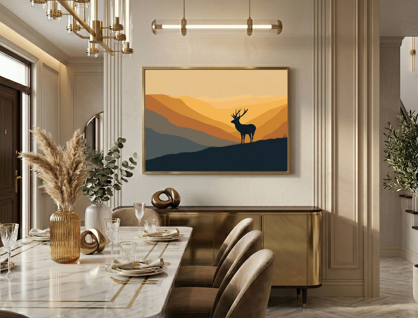 Stag silhouette on a ridge at amber dawn, in a gold frame above a brass sideboard in an elegant dining room