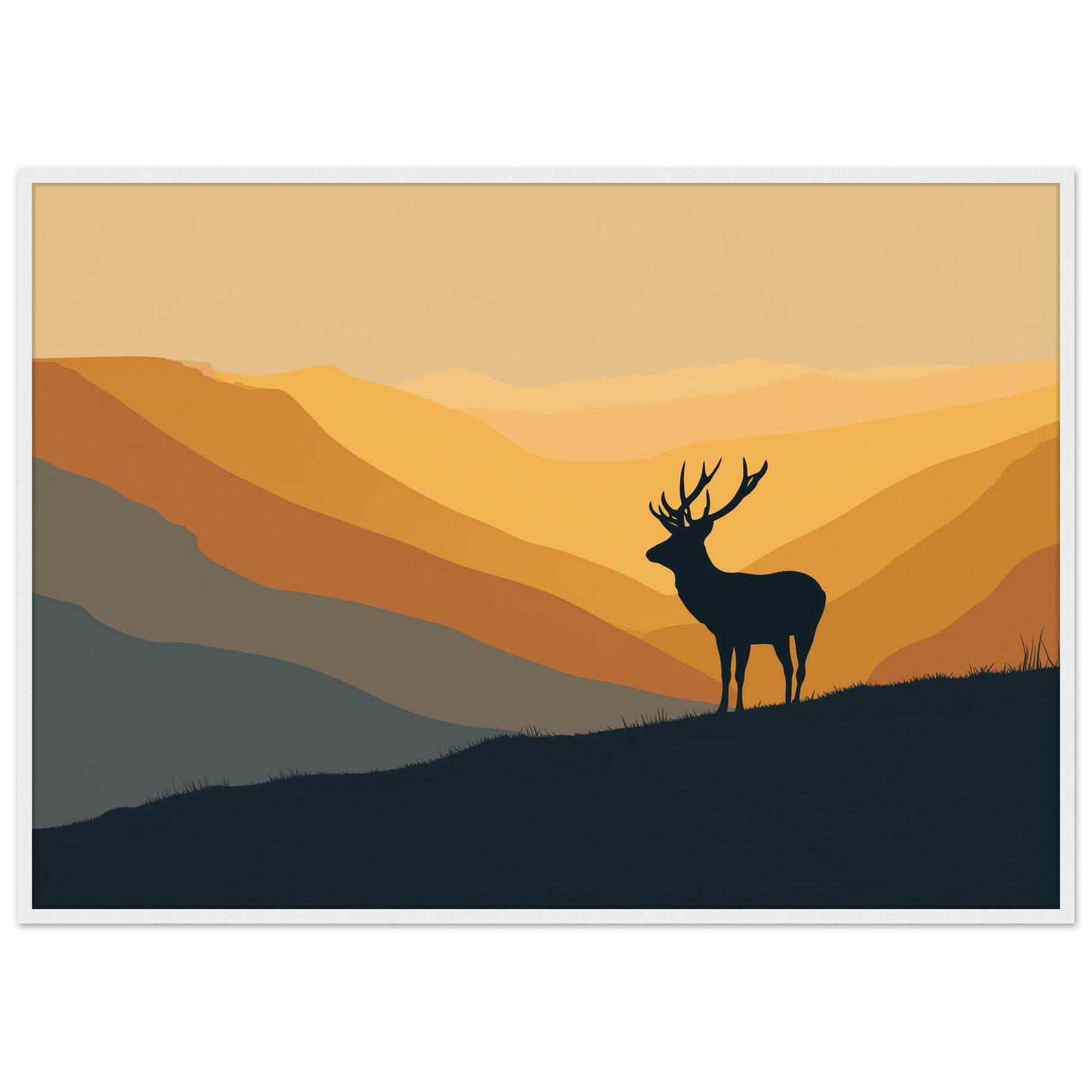 Stag silhouette on a ridge at amber dawn, print in a white frame