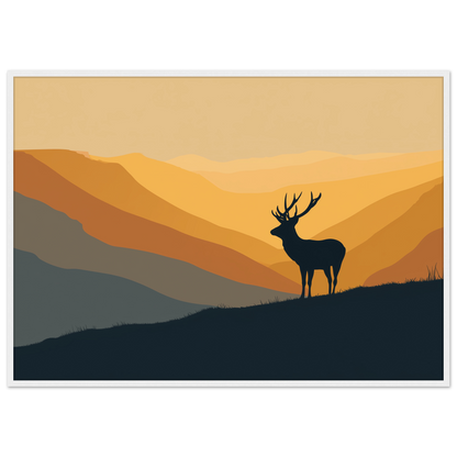 Stag silhouette on a ridge at amber dawn, print in a white frame