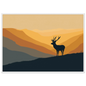 Stag silhouette on a ridge at amber dawn, print in a white frame