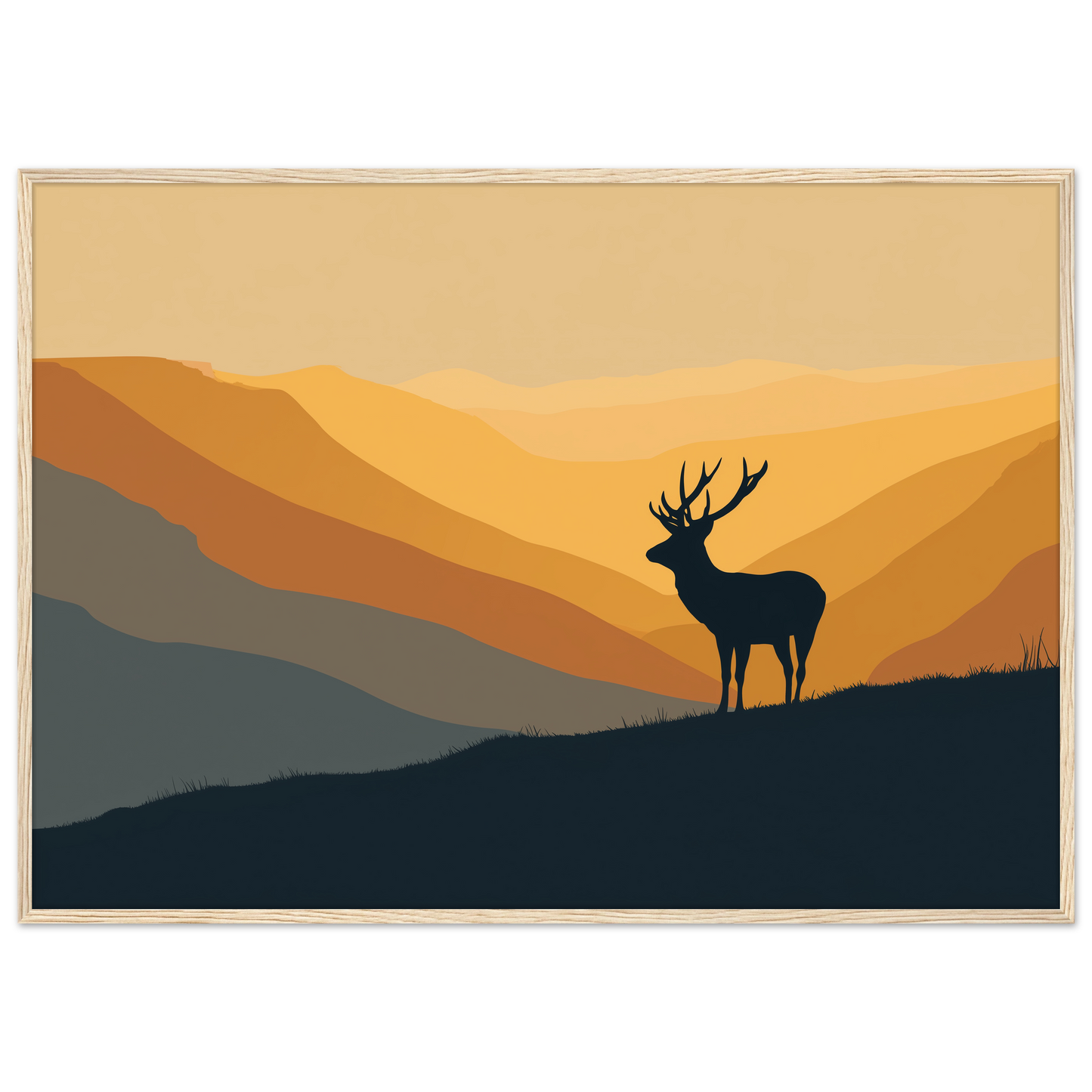 Stag silhouette on a ridge at amber dawn, print in a natural light wood frame
