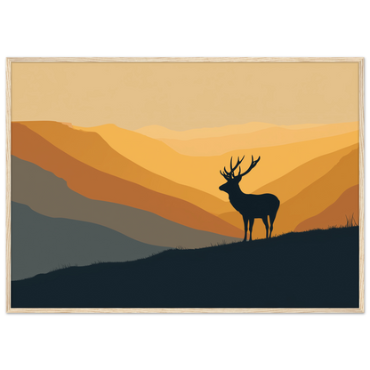 Stag silhouette on a ridge at amber dawn, print in a natural light wood frame