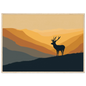 Stag silhouette on a ridge at amber dawn, print in a natural light wood frame