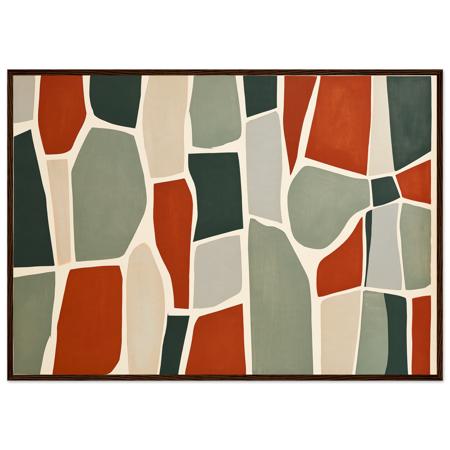 Stone mosaic in rust and sage, print in a dark wood frame