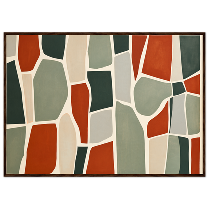 Stone mosaic in rust and sage, print in a dark wood frame