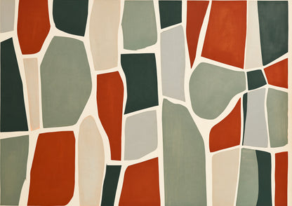 Irregular interlocking organic shapes fitted together like stones in a dyke, in rust, sage, deep green and bone on warm cream