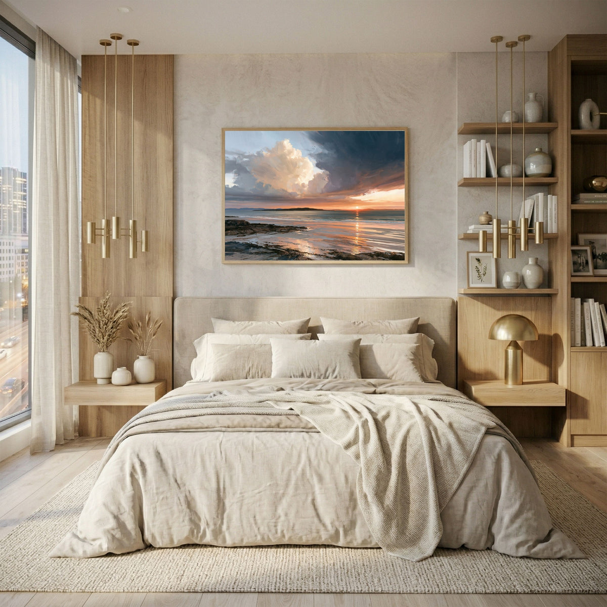 Storm light over the bay, in a natural wood frame above an oatmeal linen bed with brass pendant lights and wooden shelving in a bright bedroom