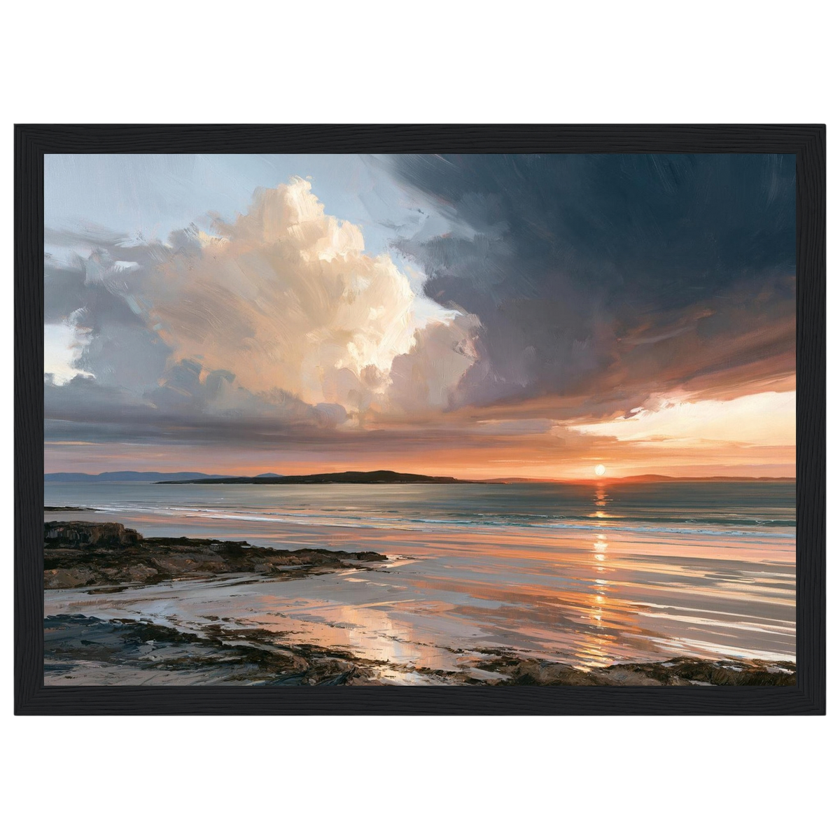 Storm light over the bay, print in a black frame