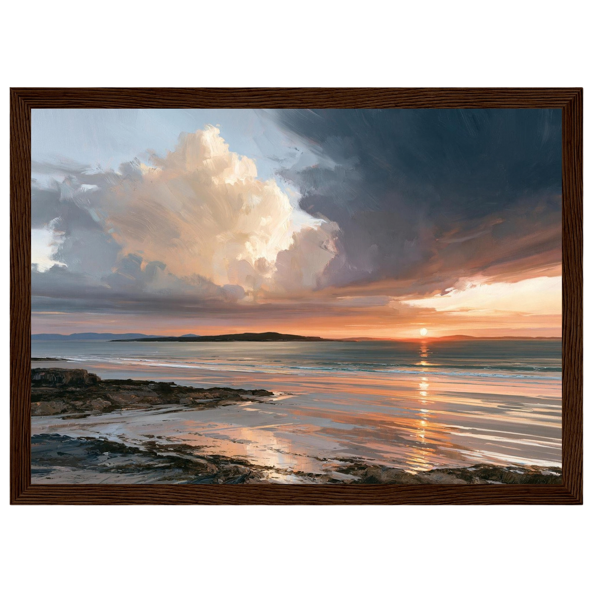 Storm light over the bay, print in a dark wood frame
