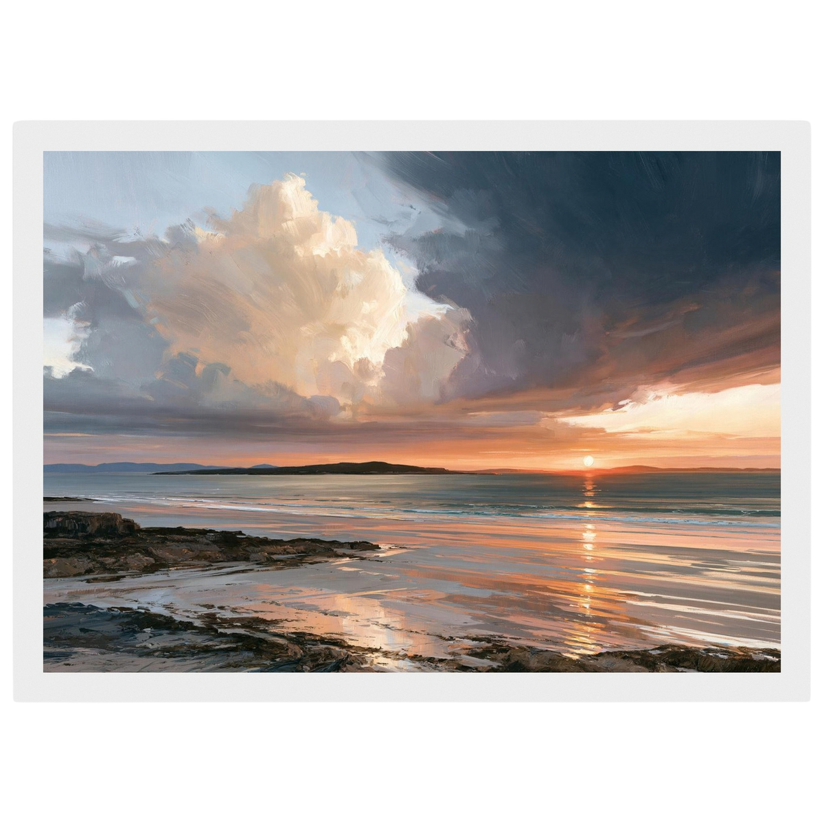 Storm light over the bay, print in a white frame