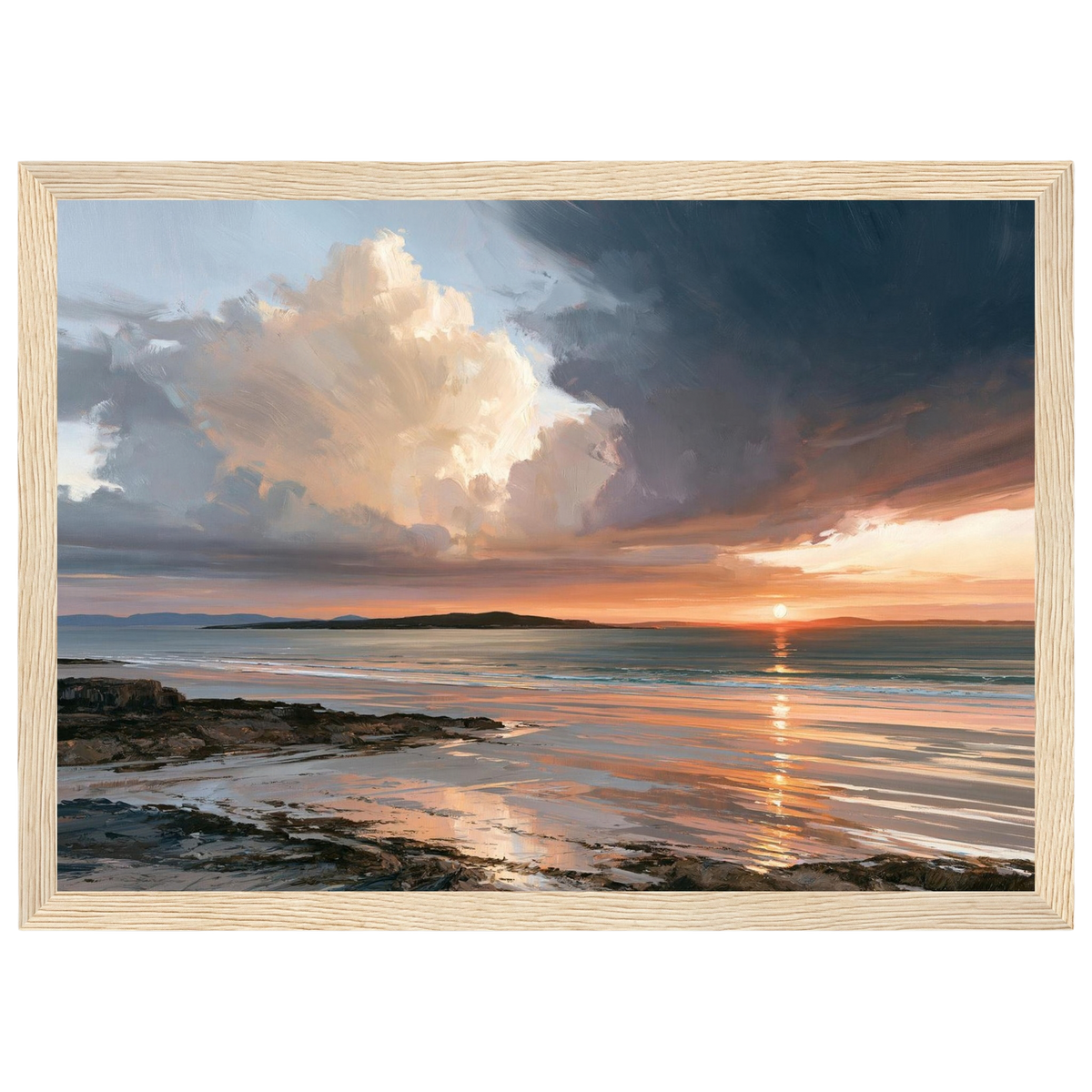 Storm light over the bay, print in a natural wood frame