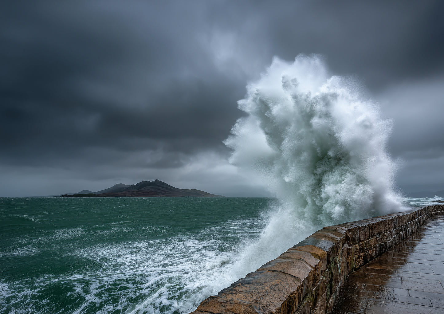 Storm wave bursting white over an old stone sea wall, dark green sea and an island on a grey horizon