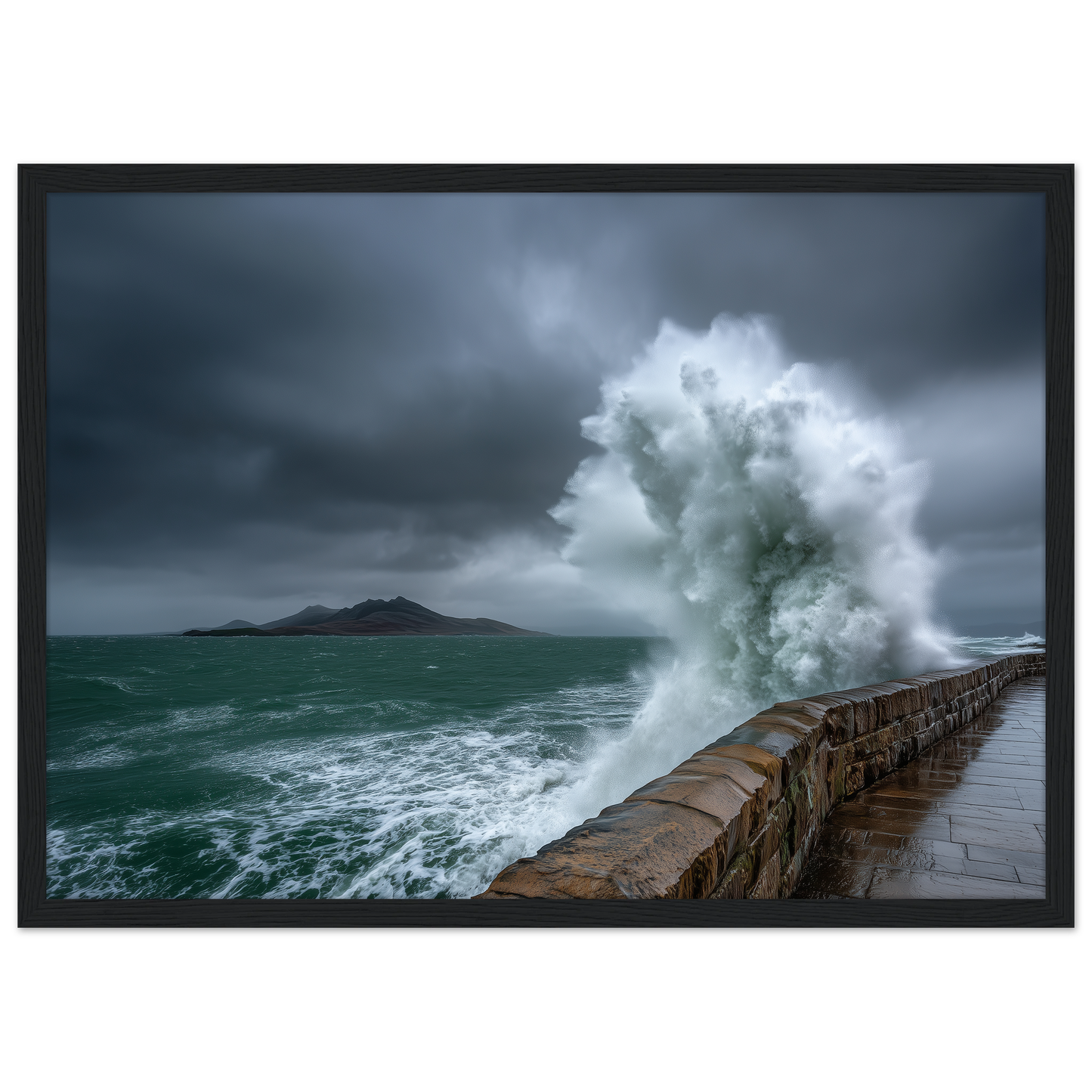 Storm wave bursting over a stone sea wall, print in a black frame