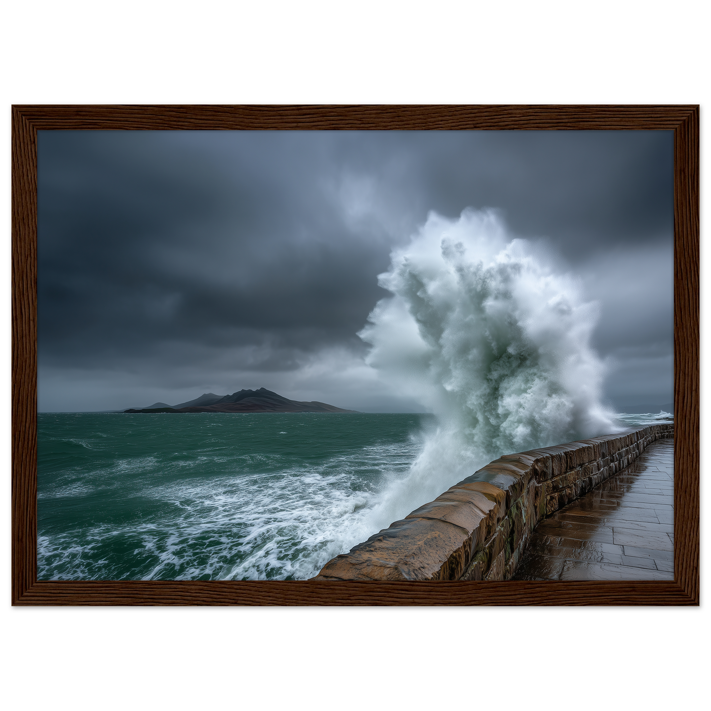 Storm wave bursting over a stone sea wall, print in a dark brown wood frame