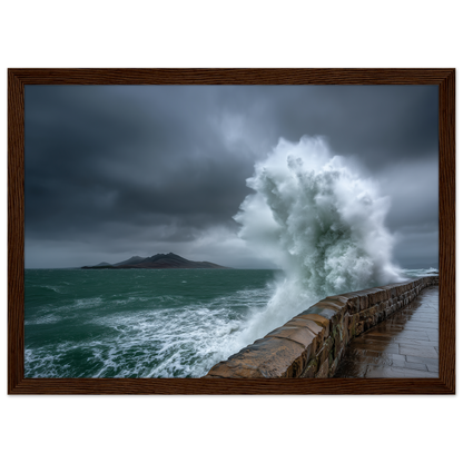 Storm wave bursting over a stone sea wall, print in a dark brown wood frame
