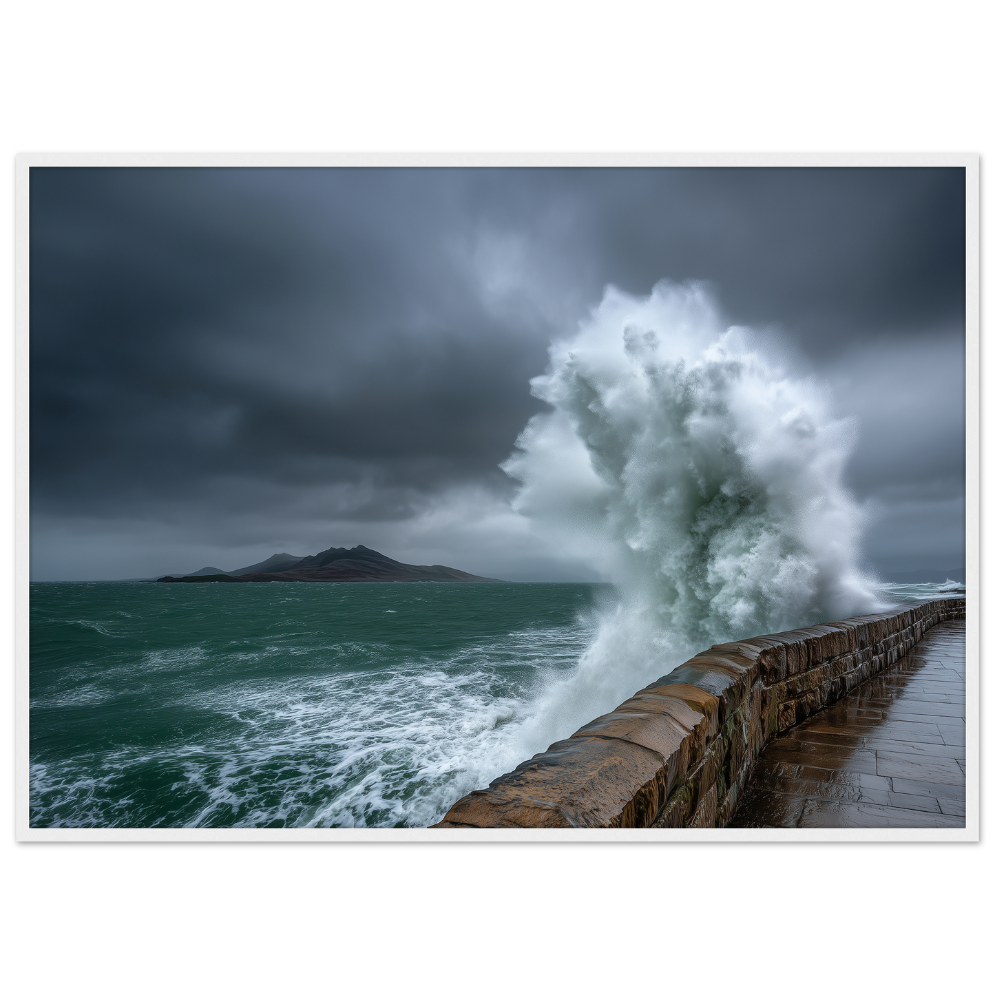 Storm wave bursting over a stone sea wall, print in a white frame