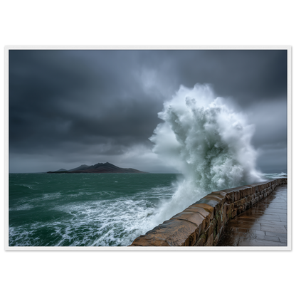 Storm wave bursting over a stone sea wall, print in a white frame