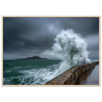 Storm wave bursting over a stone sea wall, print in a natural light wood frame