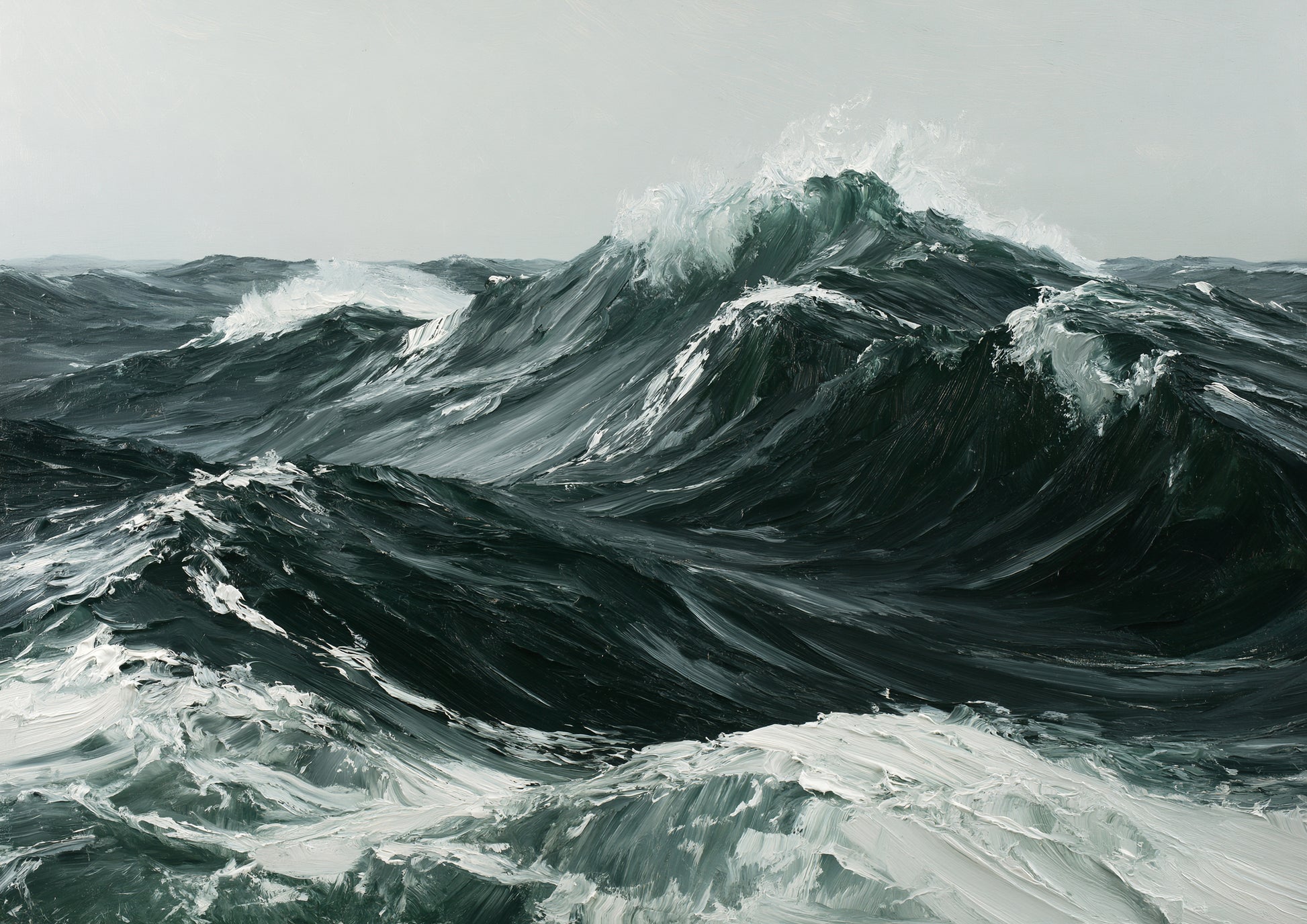 Heavy Atlantic swell painted in thick oil, palette-knife crests and deep green-grey troughs, no land in sight