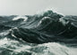 Heavy Atlantic swell painted in thick oil, palette-knife crests and deep green-grey troughs, no land in sight