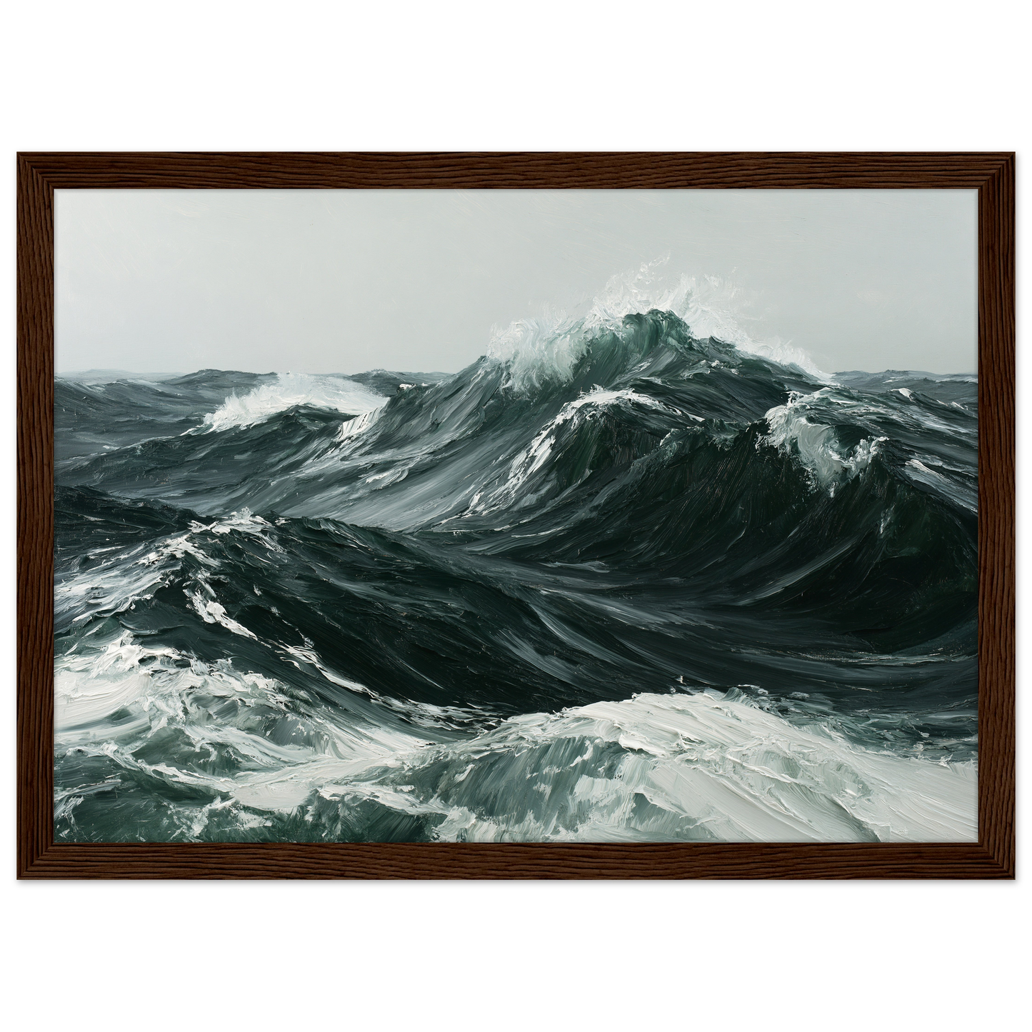 Heavy Atlantic swell in thick oil paint, print in a dark wood frame