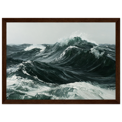 Heavy Atlantic swell in thick oil paint, print in a dark wood frame