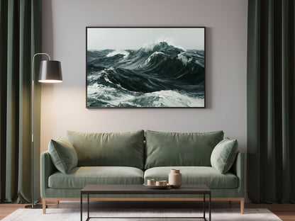 Heavy Atlantic swell in thick oil paint, in a dark frame above a sage green sofa
