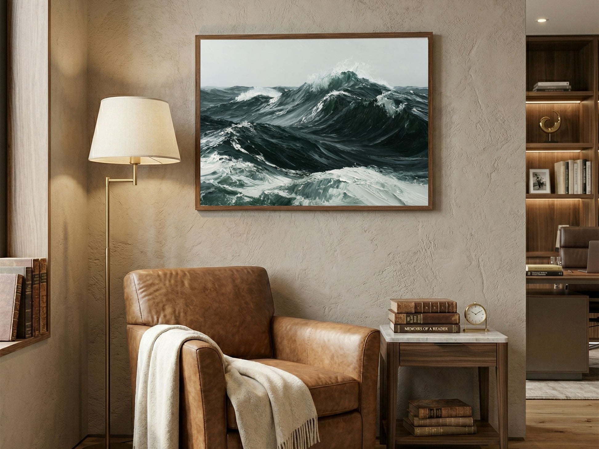 Heavy Atlantic swell in thick oil paint, in a wooden frame above a leather armchair in a warm study