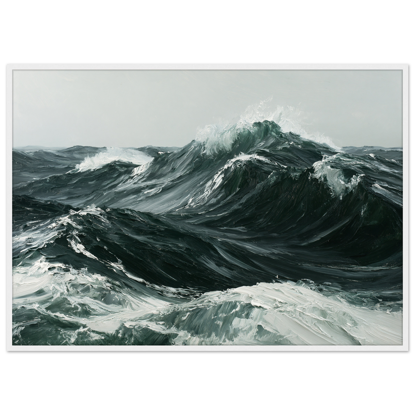 Heavy Atlantic swell in thick oil paint, print in a white frame