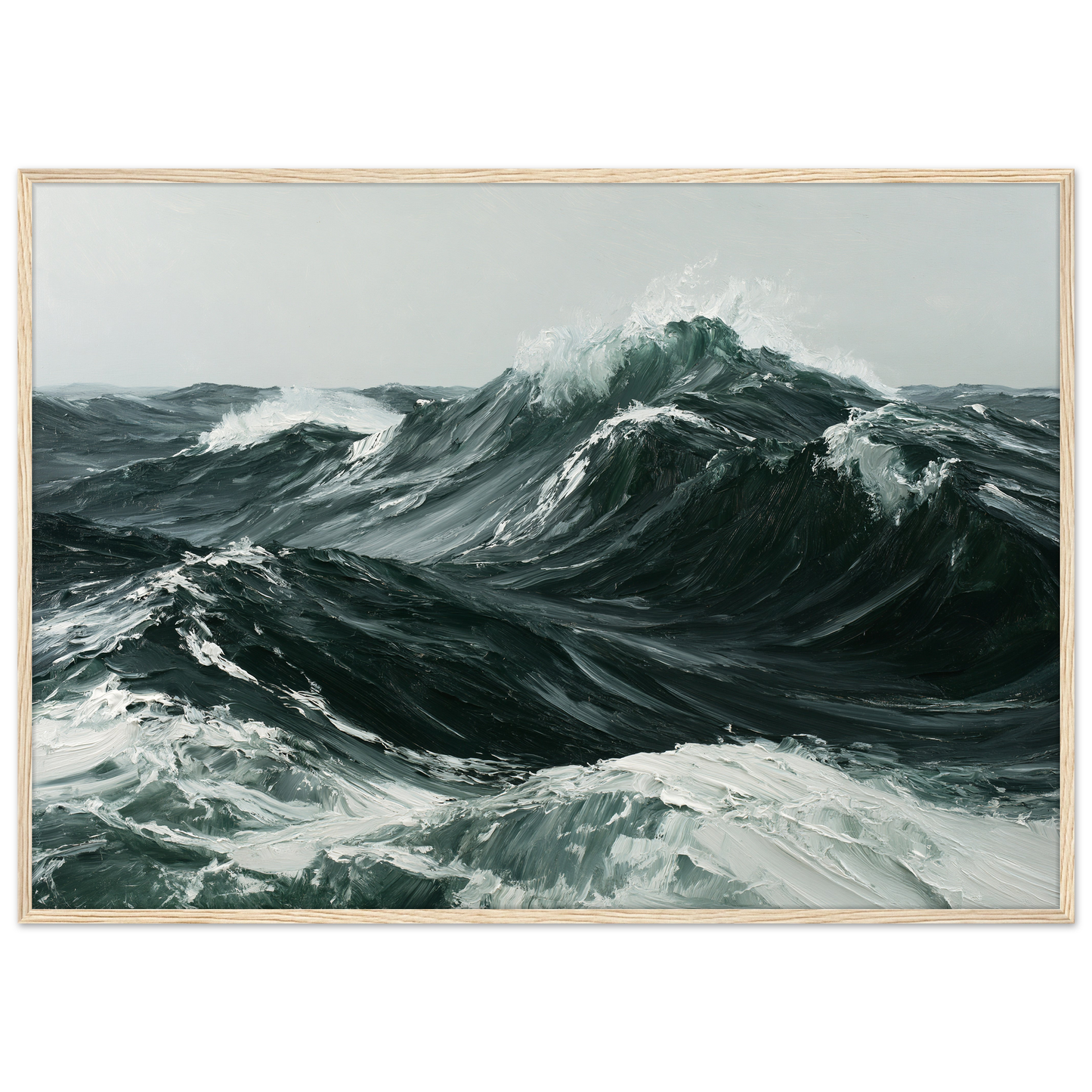 Heavy Atlantic swell in thick oil paint, print in a light wood frame