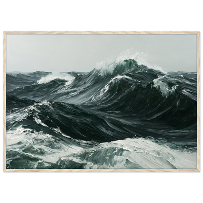 Heavy Atlantic swell in thick oil paint, print in a light wood frame