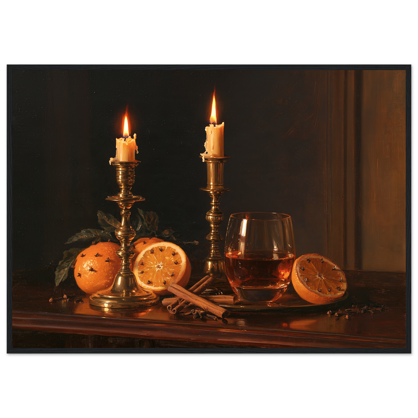 Candlelit Christmas table still life with brass and oranges, print in a black frame