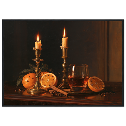 Candlelit Christmas table still life with brass and oranges, print in a black frame